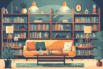 cozy living room with a bookshelf and comfortable furniture. Generative AI