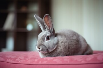 The rabbit sitting on a pink cushion, looking up at the camera Generative AI