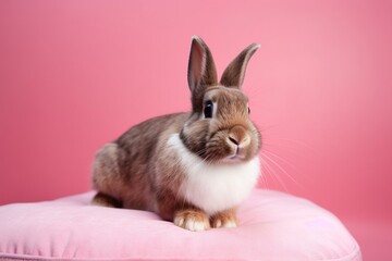 The rabbit sitting on a pink cushion, looking up at the camera Generative AI