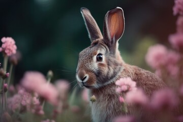 Naklejka na ściany i meble The rabbit sitting in a field of pink flowers, bokeh Generative AI