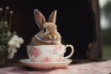 The rabbit sitting in a pink tea cup Generative AI