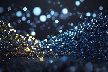 blue and gold colored glowing glow bokeh out of focus blurred particles and lights and waves.  Abstract glamour high tech technology background. Generative AI