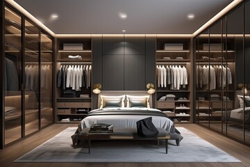 modern bedroom with a spacious bed and a walk-in closet. Generative AI