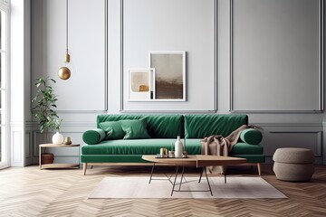 modern living room with a green couch and coffee table. Generative AI