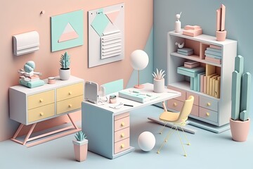 Pastel Paradise: Beautiful and Productive Workspace with Colorful Office Furniture. Generative AI