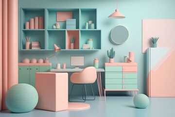 Pastel Paradise: Beautiful and Productive Workspace with Colorful Office Furniture. Generative AI