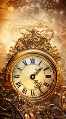 Obraz na płótnie Canvas Historic clock, ancient gilded ornate clock, fairy watch on golden background, copy-space, AI generative monochromatic countdown background