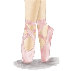 Drawing - legs of a girl in pointe shoes with a wide plan. Pink shoes.