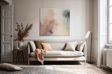 modern living room with a minimalist white couch and an abstract painting hanging on the wall. Generative AI