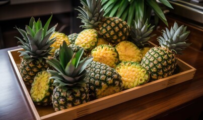  a wooden box filled with pineapples on top of a table.  generative ai