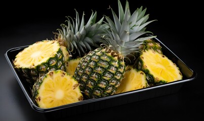  a metal container filled with pineapples on top of a table.  generative ai