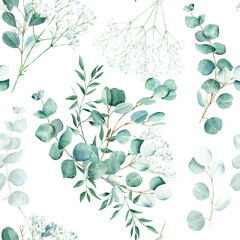 Seamless watercolor pattern with eucalyptus, gypsophila and pistachio branches on white background. Can be used for wedding prints, gift wrapping paper, kitchen textile and fabric prints.