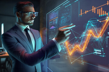 Entrepreneur - Investor business chart goals, analyze economy and calculate financial data and targets for long term investment and future profitability on digital data system manager. Generative AI