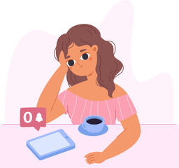 Girl drink coffee and waiting new notice or message. Student and hot beverage, digital detox and time for self. Young adult vector cartoon characters