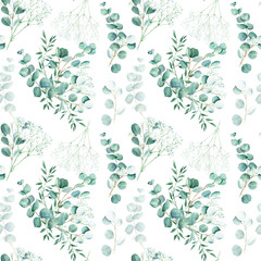 Seamless watercolor pattern with eucalyptus, gypsophila and pistachio branches on white background. Can be used for wedding prints, gift wrapping paper, kitchen textile and fabric prints.
