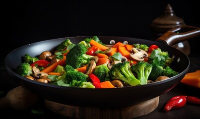  a pan filled with broccoli, carrots and cashews.  generative ai