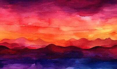 Naklejka na ściany i meble a painting of a colorful sky with clouds and mountains in the background. generative ai