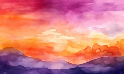 Fototapeta na wymiar a watercolor painting of a sunset with clouds and mountains. generative ai