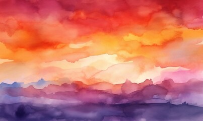 Fototapeta na wymiar a watercolor painting of a sunset with clouds and mountains in the background. generative ai