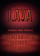 Smoldering night light extra glow font with numbers. Lava sign with red narrow neon alphabet on dark brick wall background. Vector illustration
