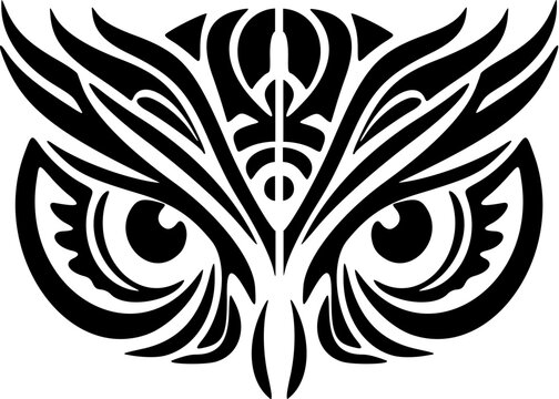 ﻿A black and white owl face tattoo with Polynesian designs.