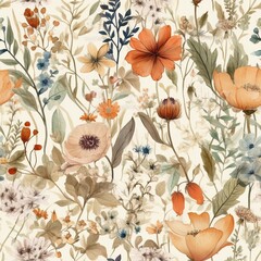 Seamless boho floral watercolor background, watercolor pattern, AI generative background pattern in natural tones