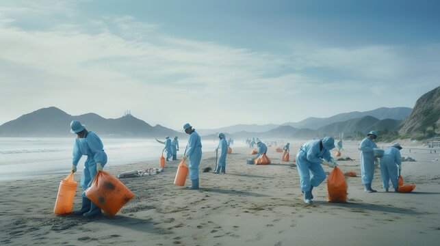 People in protective suits and masks collecting rubbish on a sandy beach, highlighting the need for environmental protection. AI generative.