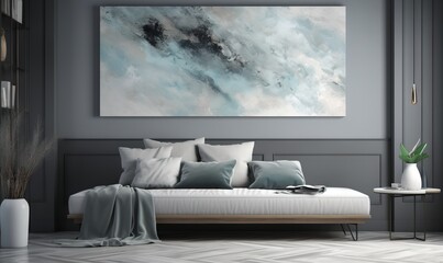  a large painting hangs above a bed in a room with grey walls.  generative ai