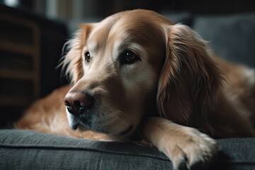 relaxed dog lounging on a sofa with a content expression. Generative AI