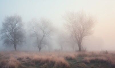  a foggy field with trees in the distance and grass in the foreground.  generative ai