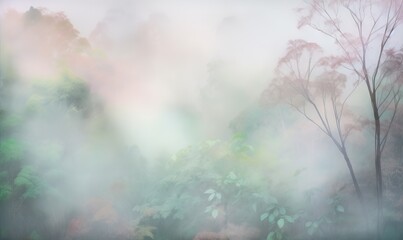 Obraz na płótnie Canvas a blurry photo of trees and bushes in the fog. generative ai
