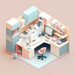 Fototapeta premium Isometric 3D Office Dreams: Cute and Beautiful Illustration of Pastel-Colored Hardworking Office Furniture and Workspace. Generative AI