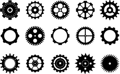 Gears flat icons, factory gear wheel graphic. Black cogs symbols. Progress or service process, work cycle pictogram decent vector elements