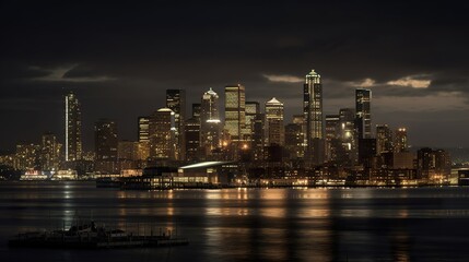 Fototapeta na wymiar City, megapolis skyline from across Elliott Bay at night, AI generative