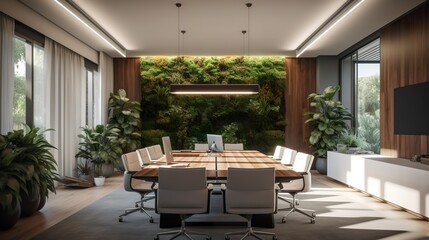 Fototapeta na wymiar Sleek, eco-friendly conference room with natural lighting and indoor plants, AI generative