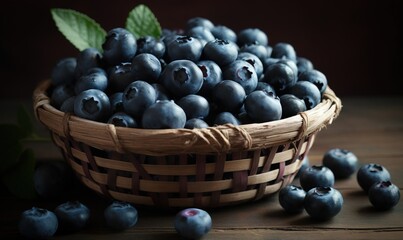  a basket filled with blueberries on top of a wooden table.  generative ai