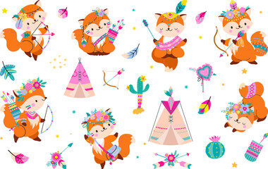 Woodland fox, wild tribal foxes with floral wreath and feathers arrows. Boho style cartoon animals. Nursery decorations, nowaday baby vector clipart