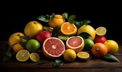  a pile of citrus fruit sitting on top of a wooden table.  generative ai