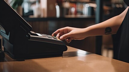 Cashier typing on the keyboard of a cash register. Generative AI illustration.