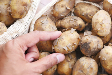 Close up of slice of raw potato in a bowl 