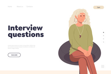 Landing page template for job interview online service with cartoon young woman sitting on chair