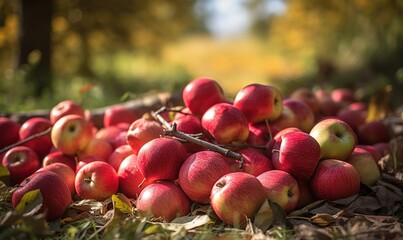  a pile of red apples sitting on top of a leaf covered ground.  generative ai