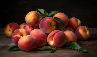 Fototapeta na wymiar a pile of peaches sitting on top of a wooden table. generative ai