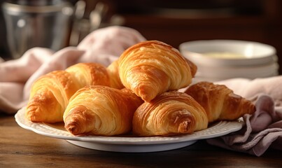  a white plate topped with croissants on top of a wooden table.  generative ai