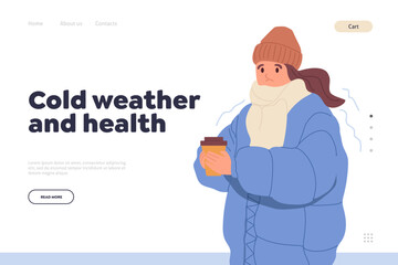 Cold weather and health landing page with young woman dressed in warm outwear drinking coffee