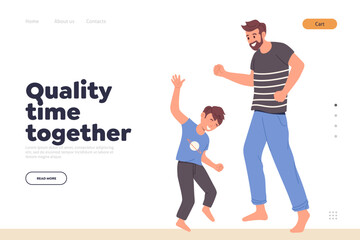 Quality time together landing page design template with happy father and son dancing at home party