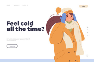 Landing page template with young woman character suffering from frost and cold weather in winter