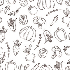 Seamless pattern with vegetables. Linear hand doodles of healthy, vegan food, vegetables, fruit, root and plant spices 
