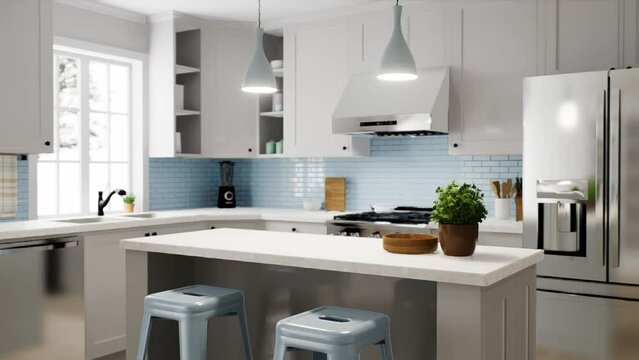 Spacious bright kitchen with a blue apron and blue chairs. 3d animation. 