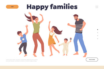 Happy families landing page design template with excited dancing parents and kids fun activity